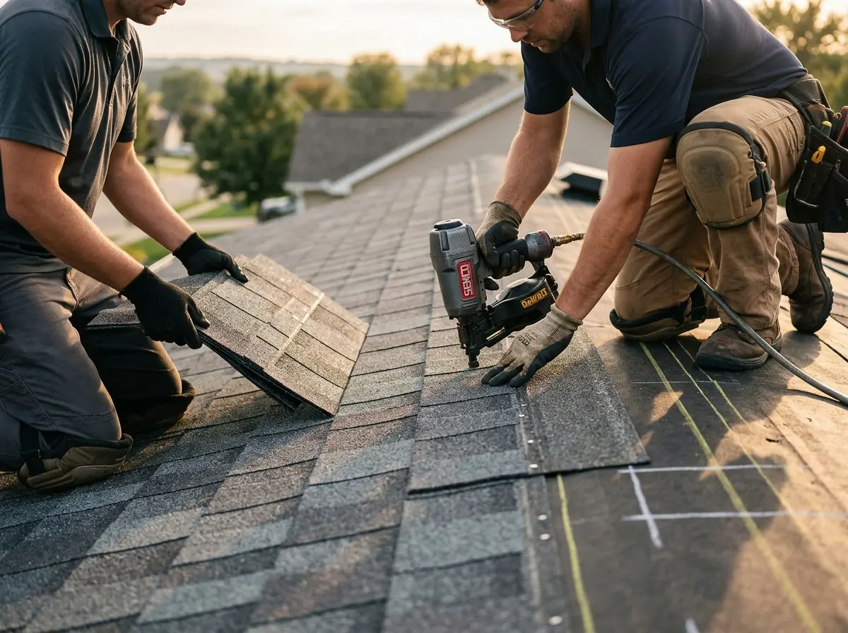 Professional roofer working on a residential roof in Parkland